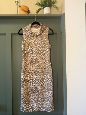 Sleeveless Cowl Neck Leopard Midi Dress in Tan & Cream